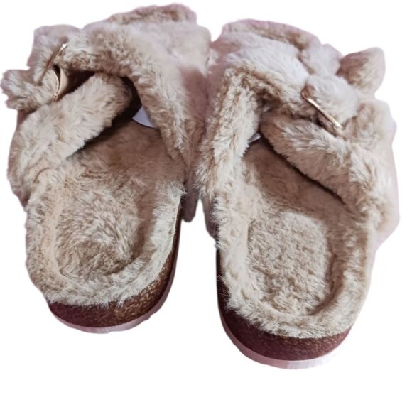 Fitory Faux Fur  Open-Toe Slide Slippers W/ Adjustable Strap Camel Sz 6 - Picture 2 of 8